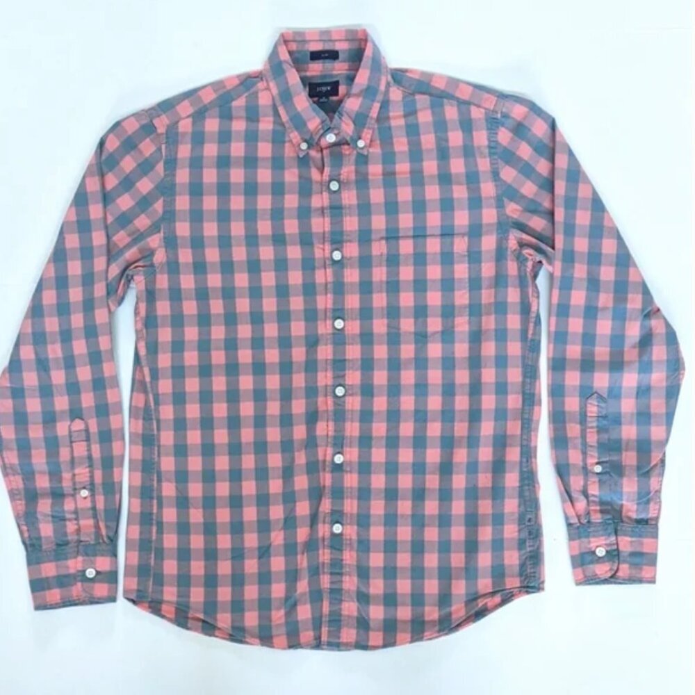 Mens J. Crew Casual Stone and Salmon Plaid Gingham Shirt Size Medium​
